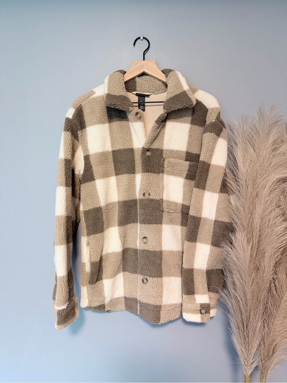 H&M Plaid Teddy Shacket - Cream & Brown